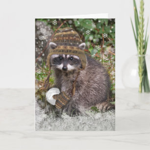Cartes Pour Fêtes Annuelles Cute Raccoon avec mitaines et boule de neige