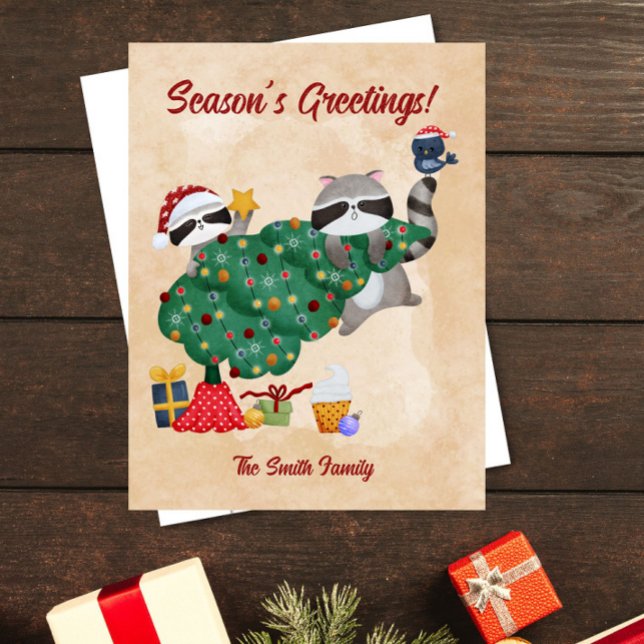 Cartes Pour Fêtes Annuelles Cute Raccoons Aquarelle Noël (Créateur téléchargé)