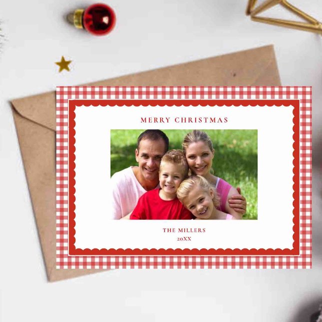 Cartes Pour Fêtes Annuelles Cute red  gingham Christmas Photo greetings card (Créateur téléchargé)