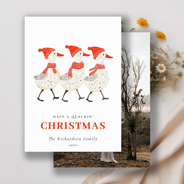 Cartes Pour Fêtes Annuelles Cute Red Winter Quacking Christmas Canards Photo (Créateur téléchargé)