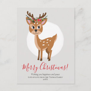 Cartes Pour Fêtes Annuelles Cute Reindeer Floral Noël Wreath Family