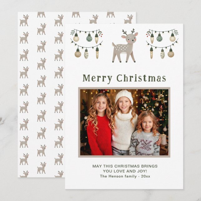 Cartes Pour Fêtes Annuelles Cute Reindeer Joyeux Noël Photo de famille (Devant / Derrière)