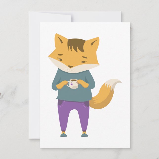 Cartes Pour Fêtes Annuelles Cute renard avec tasse de thé (Devant)