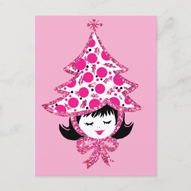 Cartes Pour Fêtes Annuelles Cute Retro Pink Christmas Girl with Tree Hat (Devant)