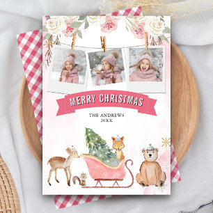 Cartes Pour Fêtes Annuelles Cute Rose Sleigh Bois Animaux Photo Noël