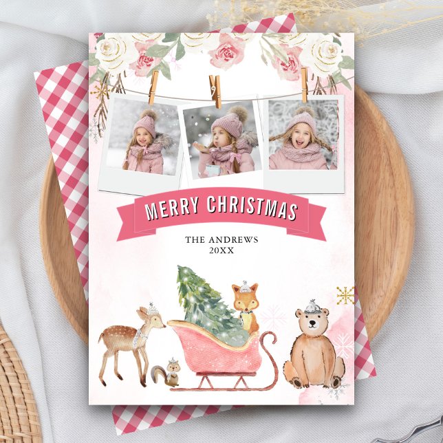 Cartes Pour Fêtes Annuelles Cute Rose Sleigh Bois Animaux Photo Noël (Créateur téléchargé)