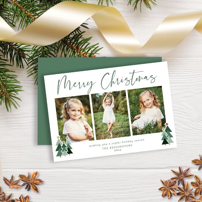 Cartes Pour Fêtes Annuelles Cute Russe Moderne Joyeux Noël 3 Photo Holiday (Rustic Sage Green Christmas Card)