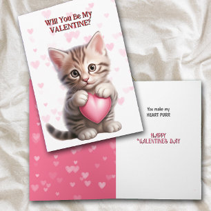 Cartes Pour Fêtes Annuelles Cute Tabby Kitten avec Coeur Rose Valentine