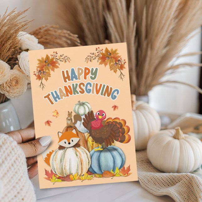 Cartes Pour Fêtes Annuelles Cute Turkey and Retro Pumpkins Happy Thanksgiving  (Créateur téléchargé)