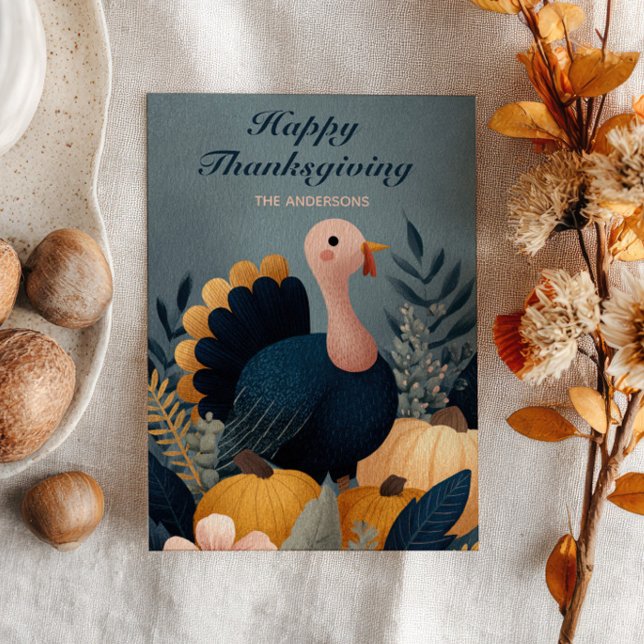 Cartes Pour Fêtes Annuelles Cute Turkey& Autumn Foliage Happy Thanksgiving  (Créateur téléchargé)