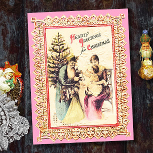 Cartes Pour Fêtes Annuelles Cute Vintage Noël Père Noël avec Family Pink