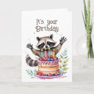 Cartes Pour Fêtes Annuelles Cute Whimsical Raccoon Anniversaire Manger au gâte