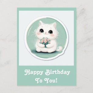 Cartes Pour Fêtes Annuelles Cute White Chat Joyeux Anniversaire Personnalisé