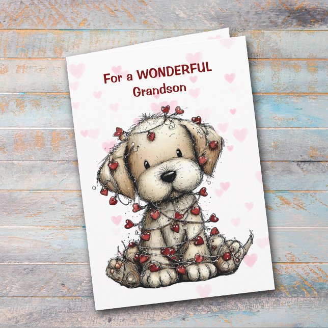Cartes Pour Fêtes Annuelles Cute Wrapped in Hearts Pup Grandson Valentine Card (Créateur téléchargé)