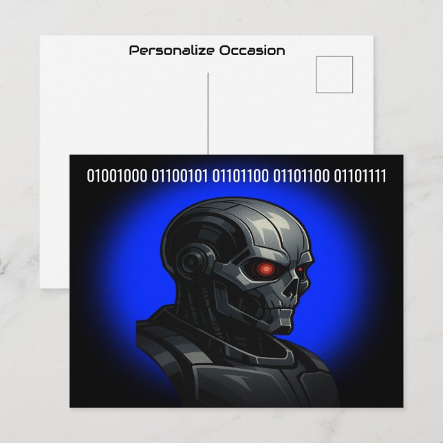 Cartes Pour Fêtes Annuelles Cyber Skull Blue Glow Binary Hello Tech Design  (Devant / Derrière)