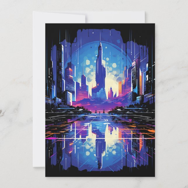 Cartes Pour Fêtes Annuelles Cyberpunk City Skyline futuriste (Devant)