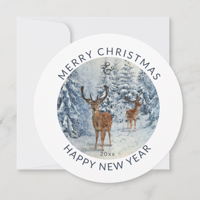 Cartes Pour Fêtes Annuelles Cycle moderne | Forêt d'hiver avec cerf | Noël (Devant)