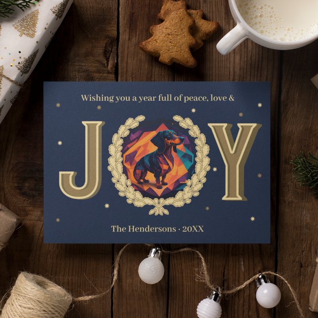 Cartes Pour Fêtes Annuelles Dachshund Chien Personnalisé Marine Gold Joie Noël (Custom Dachshund Dog Navy Gold Joy Christmas Holiday Card
)
