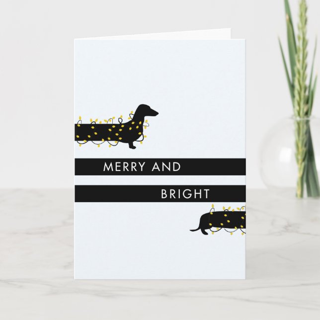 Cartes Pour Fêtes Annuelles Dachshund drôle avec les lumières de Noël (Devant)