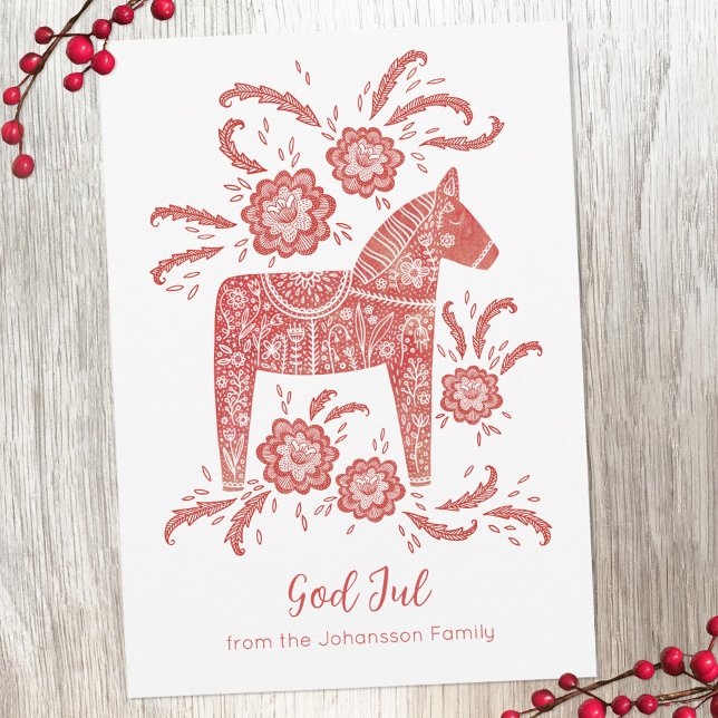 Cartes Pour Fêtes Annuelles Dala suédois Cheval Dieu Jul (God Jul personalized red and white Swedish Dala Horse holiday card)