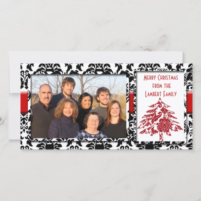 Cartes Pour Fêtes Annuelles Damas Noir & Blanc Avec Arbre Rouge Joyeux Noël (Devant)