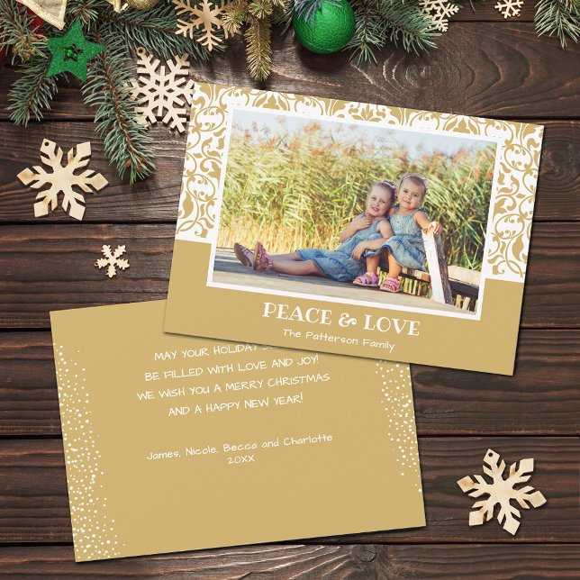 Cartes Pour Fêtes Annuelles Damask Gold et White Christmas Photo (Gold and white damask design Christmas photo holiday cards, PRINTED and/or INSTANT DOWNLOAD)