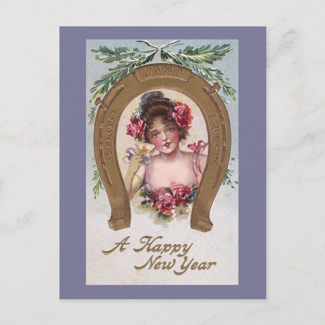 Cartes Pour Fêtes Annuelles Dame au Champagne Antique Nouvel An (Devant)