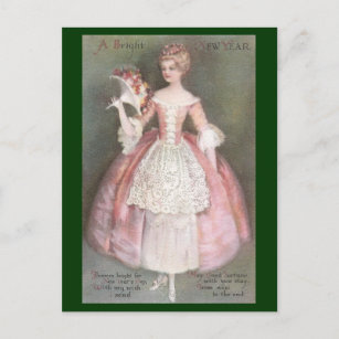 Cartes Pour Fêtes Annuelles Dame en Robe rose avec Bouquet Nouvel An Vintage