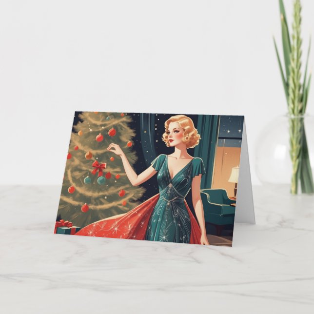 Cartes Pour Fêtes Annuelles Dame rétro en jolie robe, arbre de Noël (Devant)