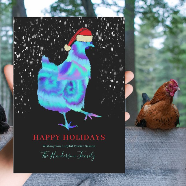 Cartes Pour Fêtes Annuelles Danse du poulet de Noël (Cute colorful Christmas hen wearing a santa hat personalized happy holidays greetings card)