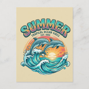Cartes Pour Fêtes Annuelles Dauphin rétro tropical / vacances d'été à la plage