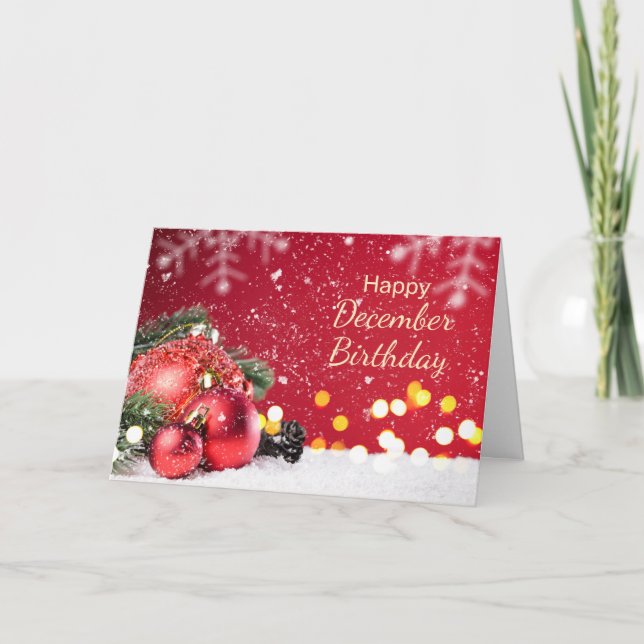 Cartes Pour Fêtes Annuelles Décembre Anniversaire, baubles rouges, sapin, floc (Devant)