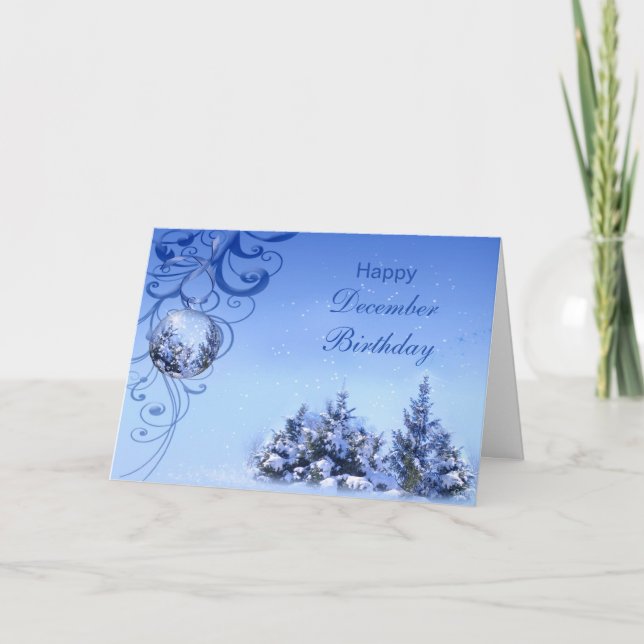 Cartes Pour Fêtes Annuelles Décembre Anniversaire, sapins enneigés et bauble (Devant)