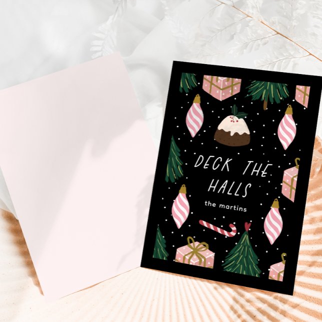 Cartes Pour Fêtes Annuelles Deck Halls Black Pink cadeaux de Noël (Créateur téléchargé)