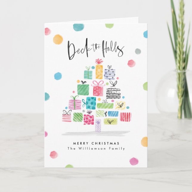 Cartes Pour Fêtes Annuelles Deck Les Halls | Aquarelle Cadeau Arbre de Noël (Devant)