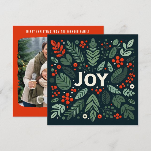 Cartes Pour Fêtes Annuelles Decorative Christmas JOY holly berries (Devant / Derrière)