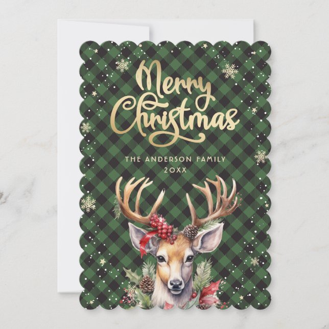 Cartes Pour Fêtes Annuelles Deer Holly Red Berries Snowflakes Green Christmas (Devant)