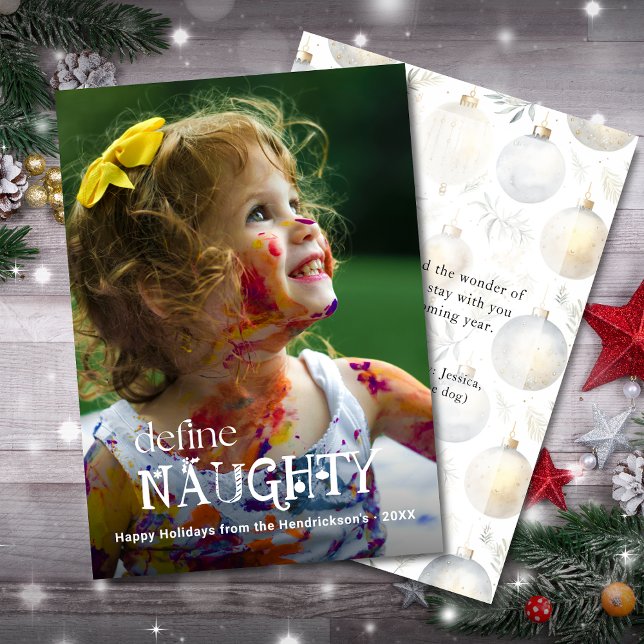 Cartes Pour Fêtes Annuelles Définir une photo d'enfant drôle et vilain (define NAUGHTY funny baby child holiday Christmas card with custom photo, name, greeting.)
