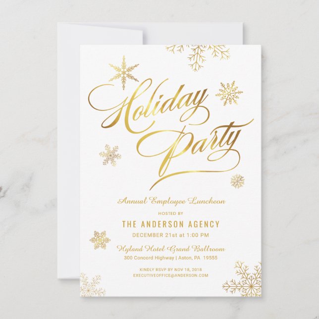 Cartes Pour Fêtes Annuelles Déjeuner d'affaires Elegant Gold Snowflakes (Devant)