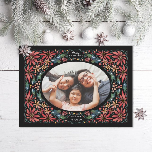 Cartes Pour Fêtes Annuelles Delicic Poinsettia Frame Ovale Photo Noir (Créateur téléchargé)