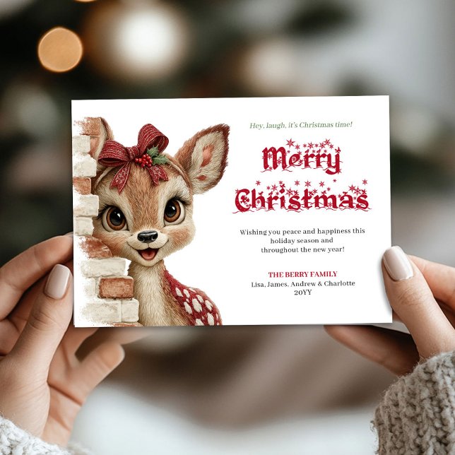 Cartes Pour Fêtes Annuelles Delightful Christmas baby fawn peeking greeting  (Delightful Christmas baby fawn peeking greeting card)