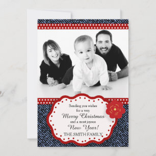 Cartes Pour Fêtes Annuelles Denim avec Polka Rouge et Blanc Photo Point Noël