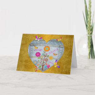 Cartes Pour Fêtes Annuelles Denim Pocket Heart Flowers Papillons sur Or