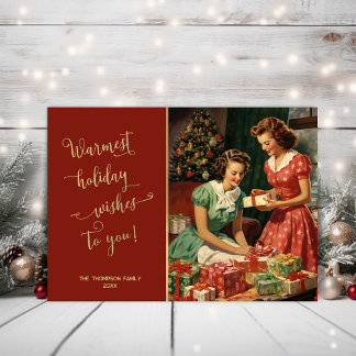 Cartes Pour Fêtes Annuelles Des filles rétro préparent des cadeaux par un sapi