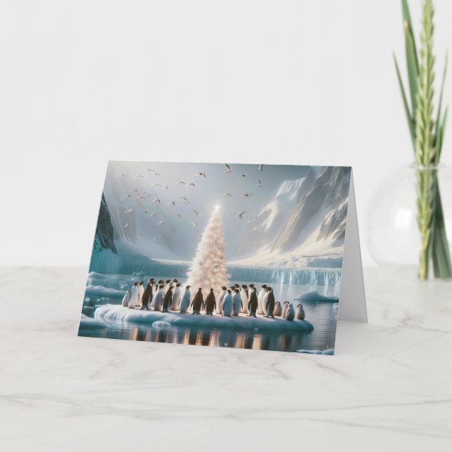 Cartes Pour Fêtes Annuelles Des pingouins de Noël autour d'un arbre blanc (Devant)