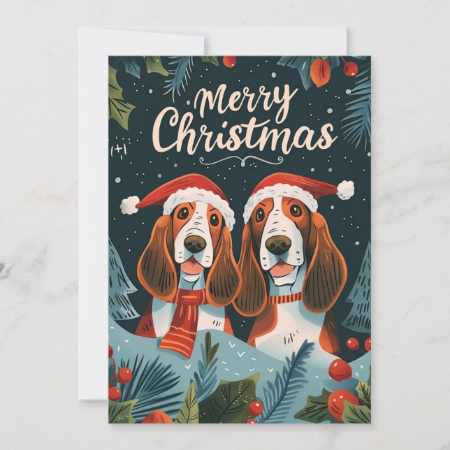 Cartes Pour Fêtes Annuelles Deux Basset Hound Joyeux Noël (Devant)