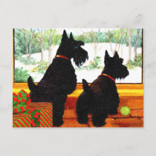 Cartes Pour Fêtes Annuelles Deux Chiens écossais attendent le Père Noël