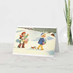 Cartes Pour Fêtes Annuelles Deux enfants et un chien scène de neige festive