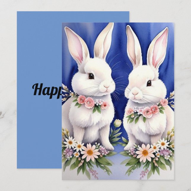 Cartes Pour Fêtes Annuelles Deux lapins de garenne et fleurs  (Devant / Derrière)