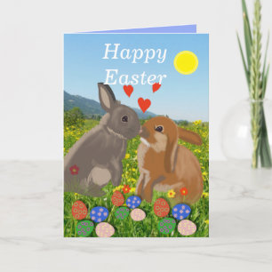 Cartes Pour Fêtes Annuelles Deux lapins qui s'embrassent dans une prairie fleu